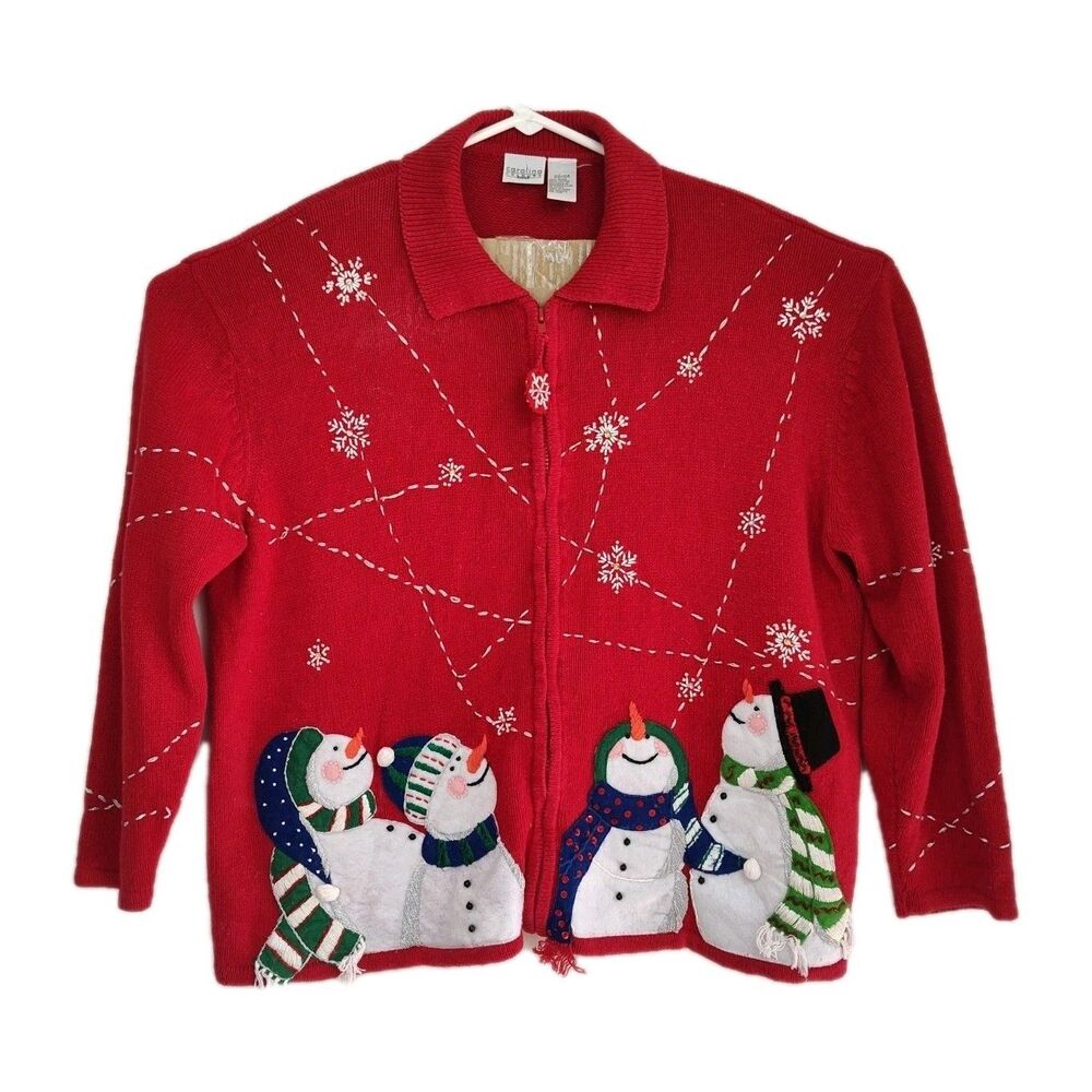 VTG Carolina‎ Coulours Plus Chrismas Cardigan Women's 22/24 Red Snowmen Full Zip